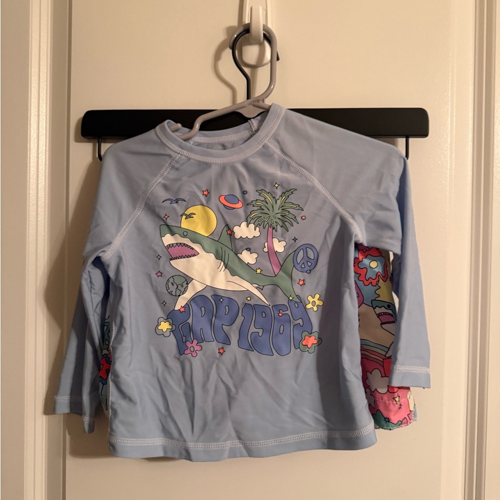 Kids Light Blue Rash Guard Swim Shirt‎ Shark Graphic Matching Trunks Set 2 Piece